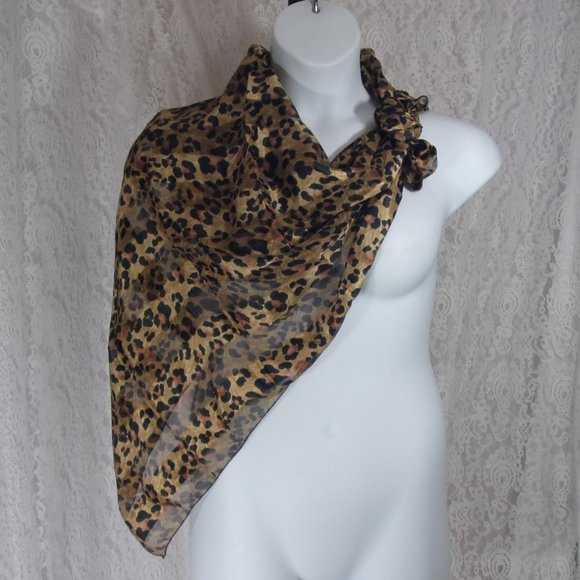 Leopard Jungle Print Scarf Ribbon Design Brown Black Beige NWOT - Picture 1 of 2